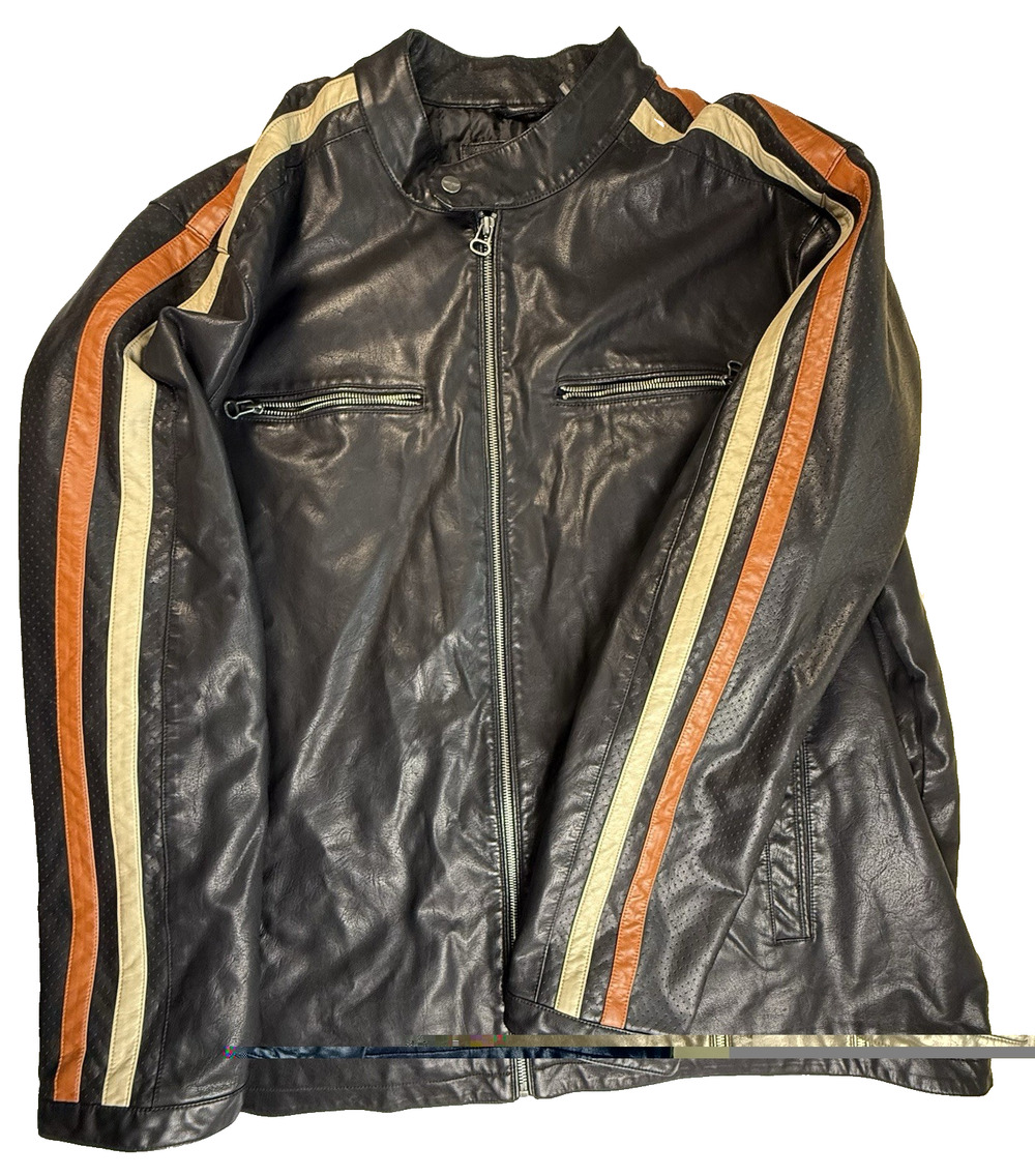Vtg Wilsons Leather Cafe Racer Motorcycle Jacket Black Cream Orange Stripe 3XLT